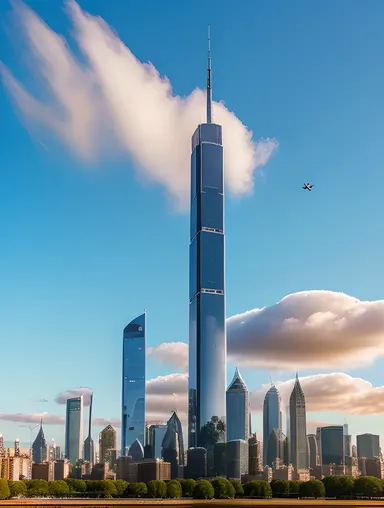 Futuristic Cityscape with Giant Digital Clock Tower and Flying Cars