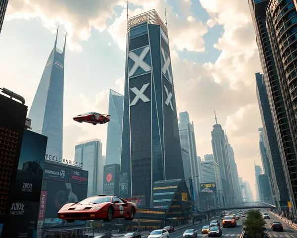 Futuristic Cityscape with Giant XXXL Logo and Flying Cars
