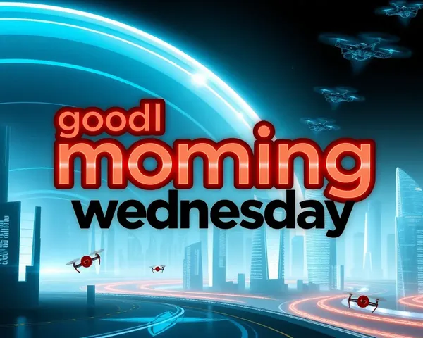 Futuristic Cityscape with Good Morning Wednesday Neon