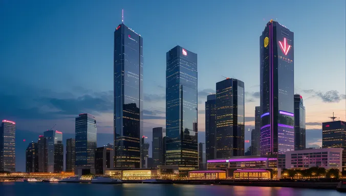 Futuristic Cityscape with JDS Logo on Skyscraper Facade