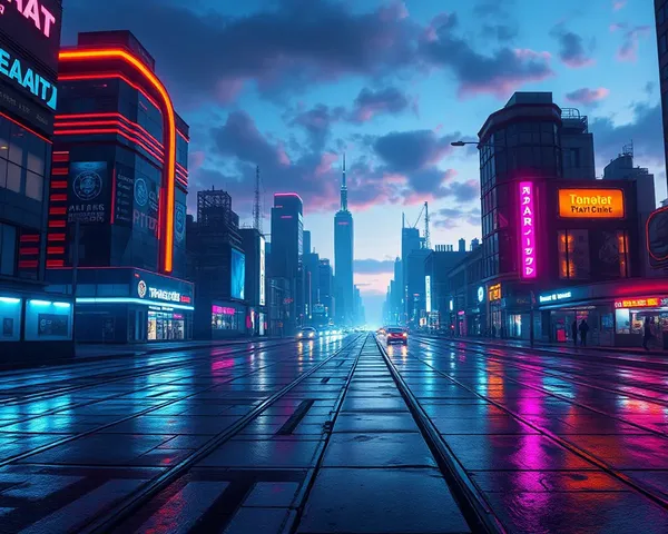 Futuristic Cityscape with Neon Lights Reflecting Off Pavement