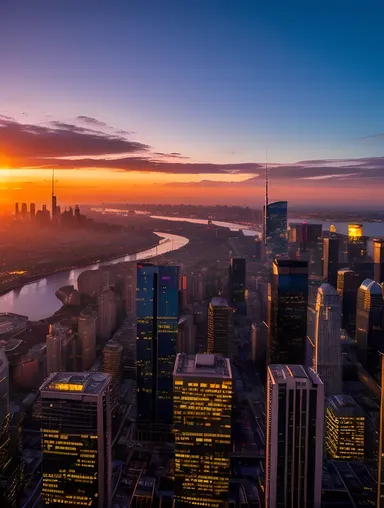 Futuristic Cityscape with Neon Lights and Blazing Sunset