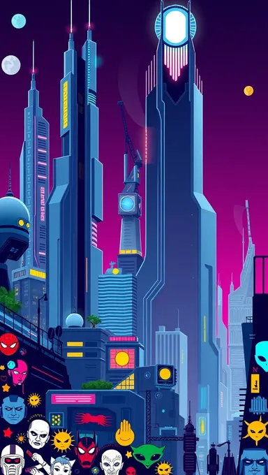 Futuristic Cityscape with Pop Culture Icons on Deep Purple