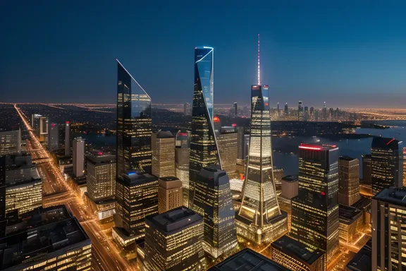 Futuristic Cityscape with Towering Skyscrapers Reflecting City Lights