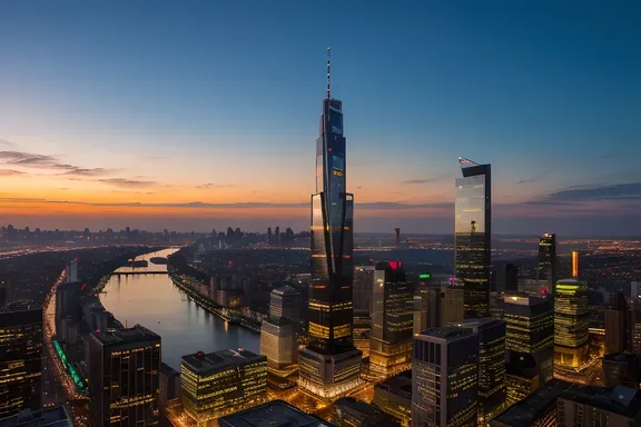 Futuristic Cityscape with yyyy-shaped Skyscraper at Sunset