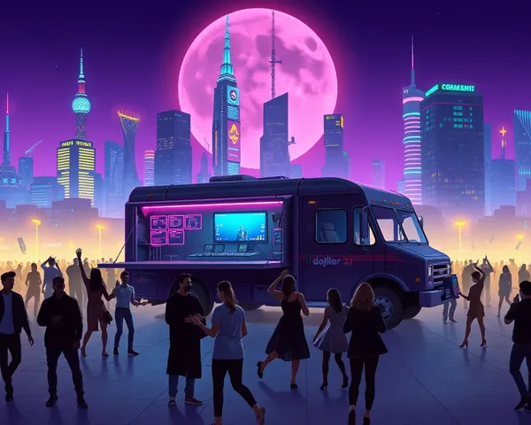 Futuristic DJ Truck in Neon Cityscape Nightlife Scene
