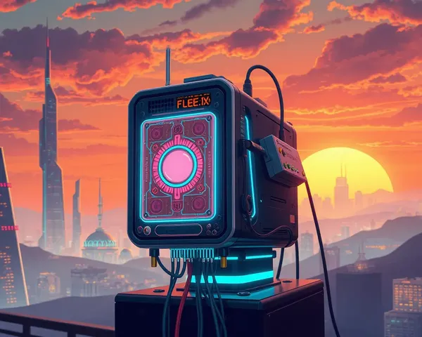 Futuristic Flex Machine Illustration with Glowing Circuits and Cityscape