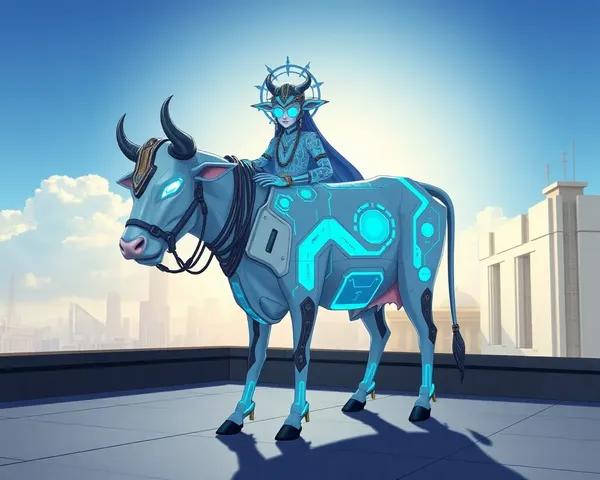 Futuristic Kamadhenu with Glowing Circuits on City Rooftop.