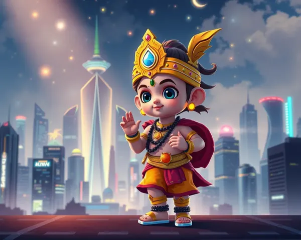 Futuristic Little Krishna in Neon Cityscape Night