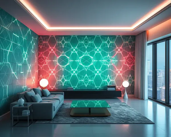 Futuristic Living Room with Neon-Lit Mint Green Geometric Wallpaper