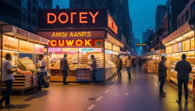 Futuristic Market with AI-Generated Art and Products