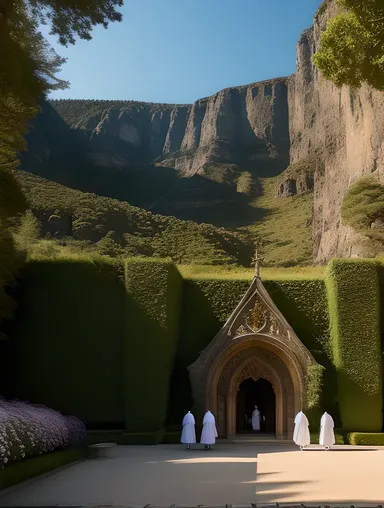 Futuristic Monastery AI Monk Photo: Monks Tending to Glowing Flowers