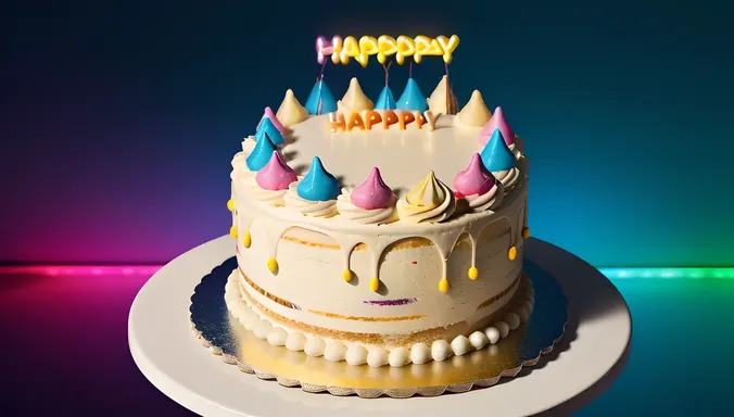 Futuristic Neon Lights on Abstract Birthday Cake Background