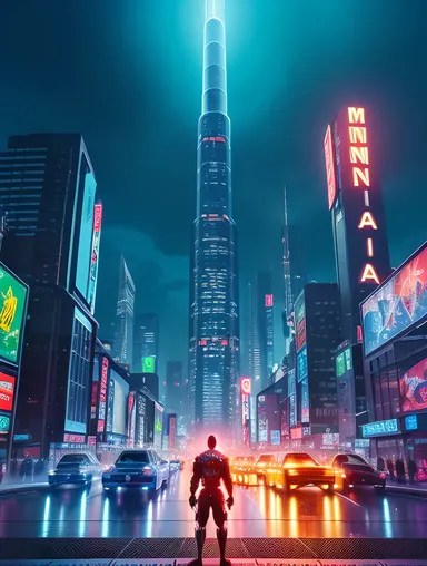 Futuristic Nude Anime: Cyborg Warrior in Neon-Lit Cityscape