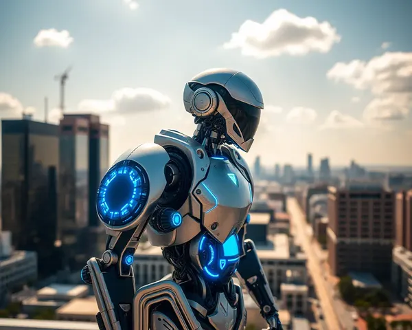 Futuristic Robot in Front of Cityscape with Sunny Sky