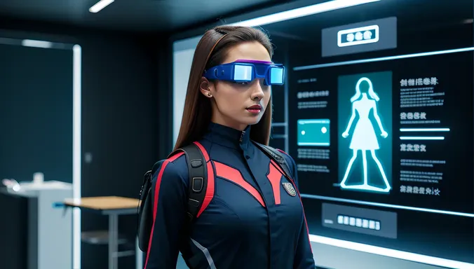 Futuristic School Girl Wears High-Tech Uniform with Holographic Screen