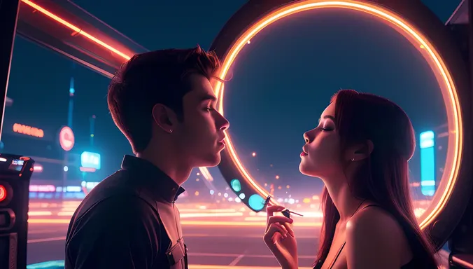 Futuristic Sci-Fi Boy and Girl Kissing Illustration