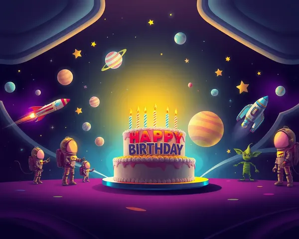 Futuristic Space Party Birthday Background with Spaceships and Cake