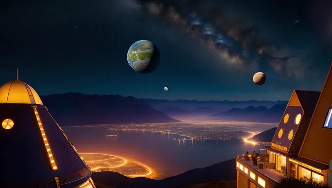 Futuristic Space-Themed Hostel Background with Stars and Planets
