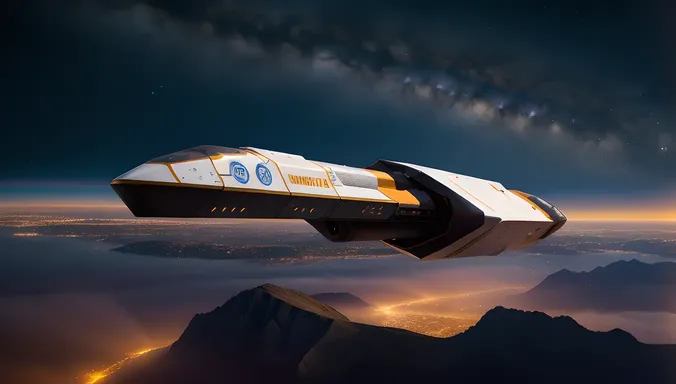 Futuristic Spacecraft with JDS Logo Soaring Through Stars