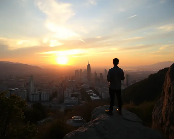 Gajak Stands on Cliff Overlooking Cityscape at Sunset
