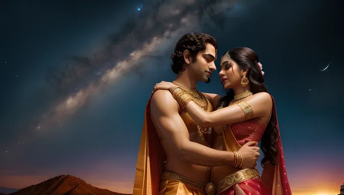 Galactic Radha Krishna Kiss Amidst Celestial Bodies