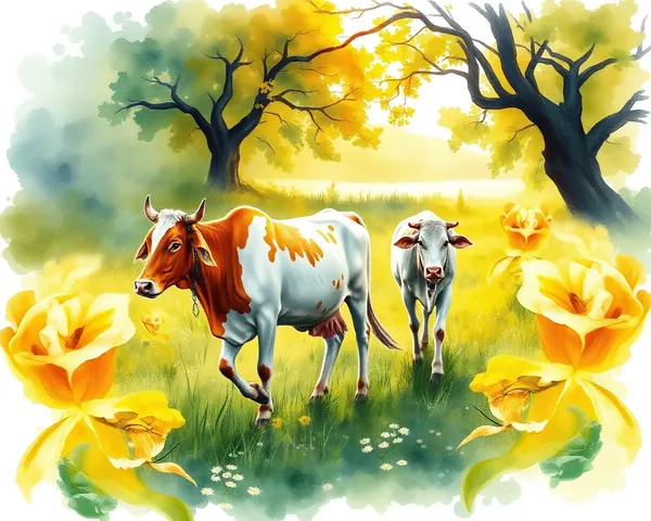 Gau Mata Walking through Lush Meadow with Cow and Sunlight
