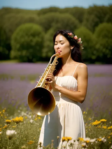 Gentle Angel Plays Joyful Melody in Flower Field