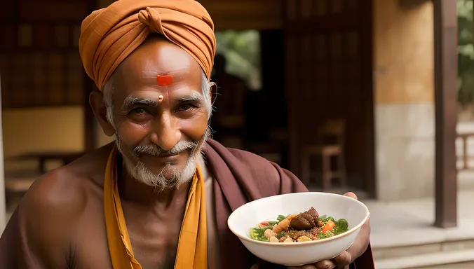 Gentle Indian Sadhu Holds Food and Begging Bowl
