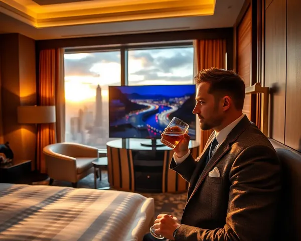 Gentleman in Luxurious Hotel Room with 4K TV View