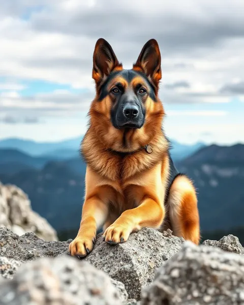 German Shepherd Dog Sits on Mountain Peak Regally