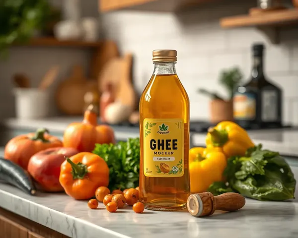 Ghee Bottle on Kitchen Counter with Fresh Vegetables