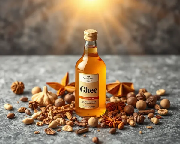 Ghee Bottle with Indian Spices and Warm Lighting