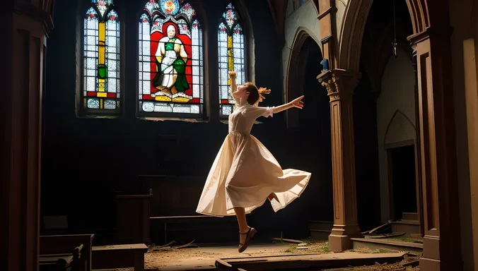 Ghost Girl Pic: Abandoned Church with Stained Glass Windows