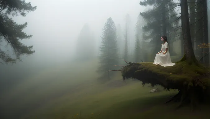 Ghost Girl Pic: Floating Misty Forest with Longing Expression