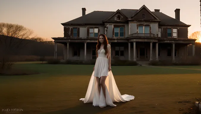 Ghost Girl Pic: Hauntingly Beautiful in Abandoned Mansion Sunset