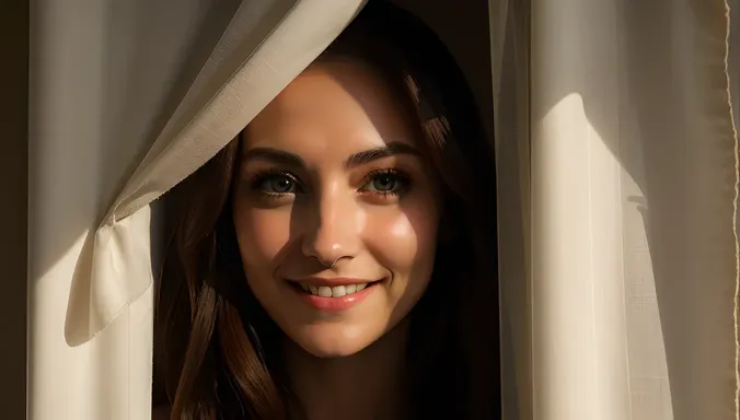 Ghost Girl Pic: Peeking from Tattered Curtain with Faint Smile