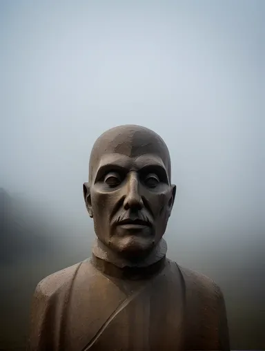 Ghostly Figure Shrouded in Misty Stone Carving