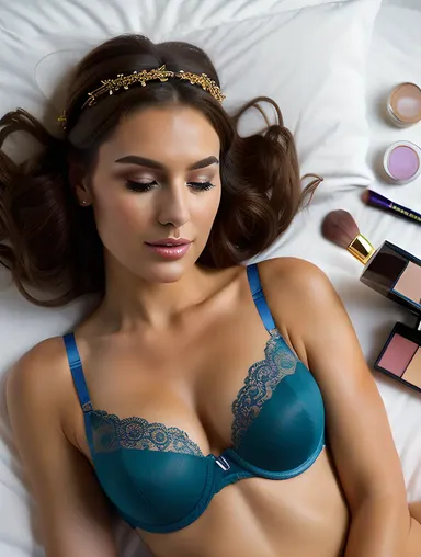 Girl Edits Bra Photo on Phone Amidst Beauty Essentials