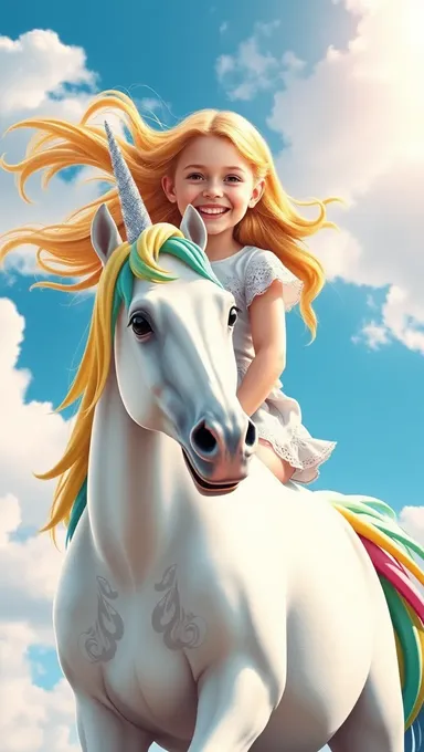 Girl Riding Majestic Unicorn on Rainbow Background Sky