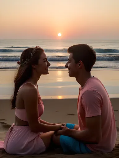 Girl and Boy's Romantic Sunset Beach Hand-Holding Moment in HD