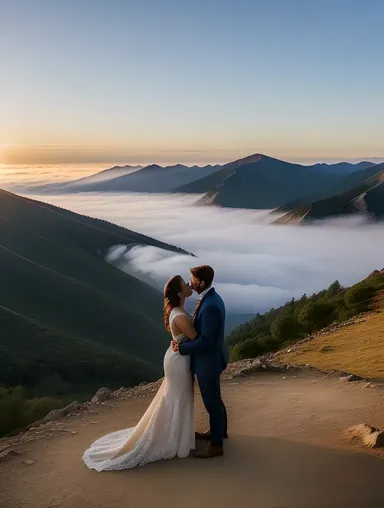 Girl and Boy Stand Together on Mountain Peak in Serene Landscape