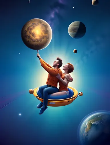 Girl and Boy in Zero Gravity Love with Stars and Planets