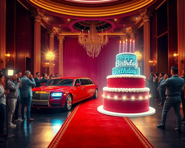 Glamorous Red Carpet Birthday Background with Limousine and Cake