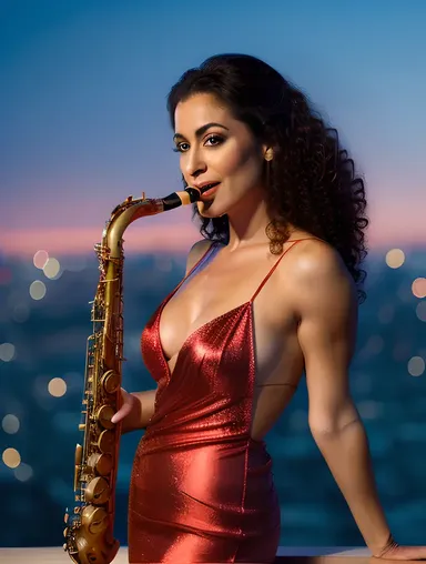 Glamorous Saxy Woman in City Skyline with Saxophone