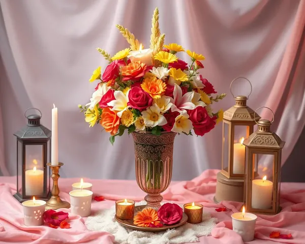 Glass Vase Shradhanjali Flower Arrangement with Candles and Fabrics PNG
