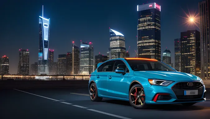 Glowing 3D Car in Futuristic City with Towering Skyscrapers