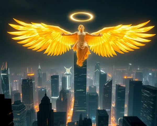 Glowing Angel Over Futuristic Cityscape at Night
