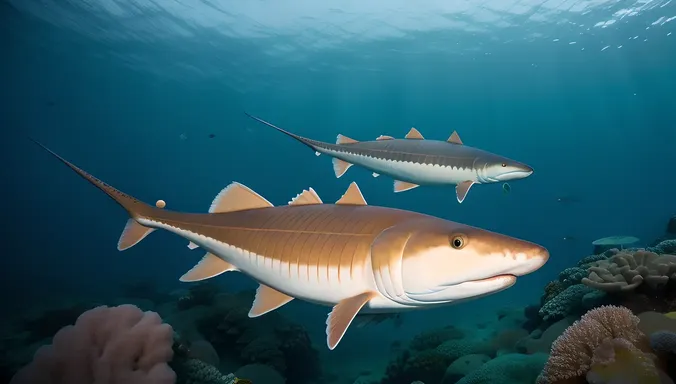 Glowing Sawfish Swim in Dark Ocean with Bioluminescent Plankton