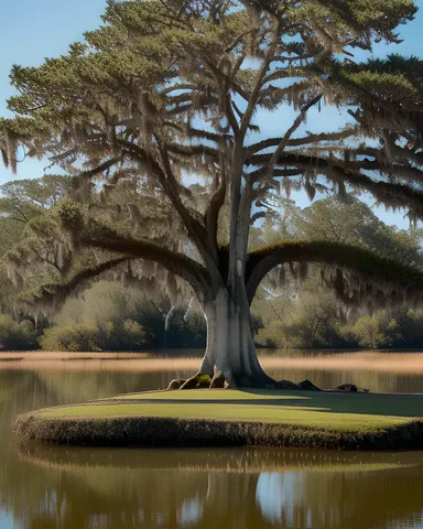 Gnarled Cypress Tree Standing Tall in Swamp with Spanish Moss